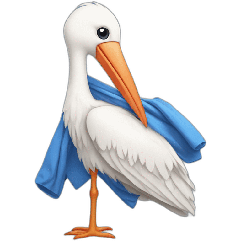 White stork carrying a blue bundle of cloth in its big beak that has a human person cute baby human inside and the human baby head is peeking from the fabric the strok is carrying in its beak emoji