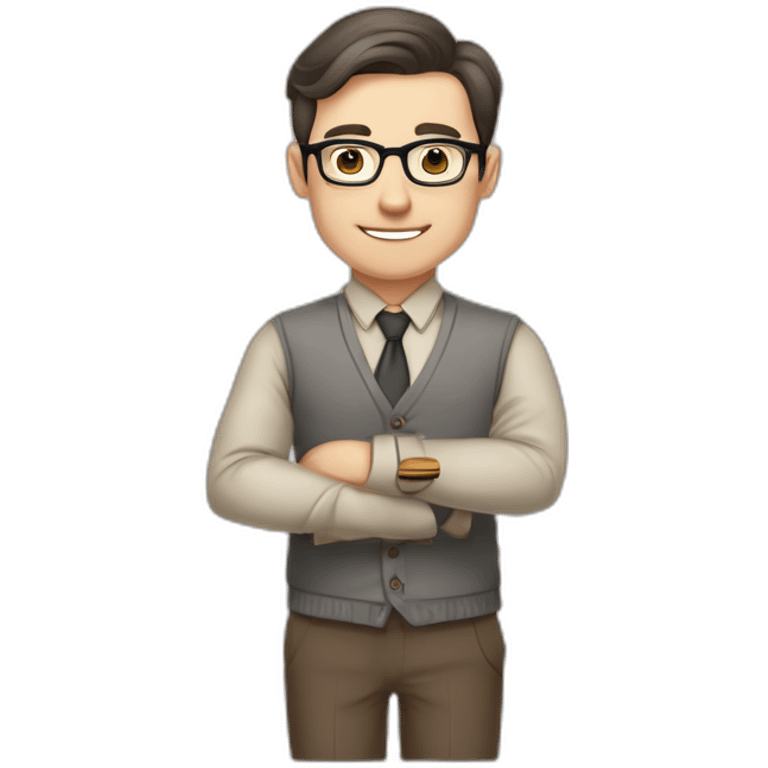 Pale skinned fit man teacher with dark brown hair in gray jacket, beige office shirt, brown tie, brown pants and vintage glasses Writing on the marker board emoji