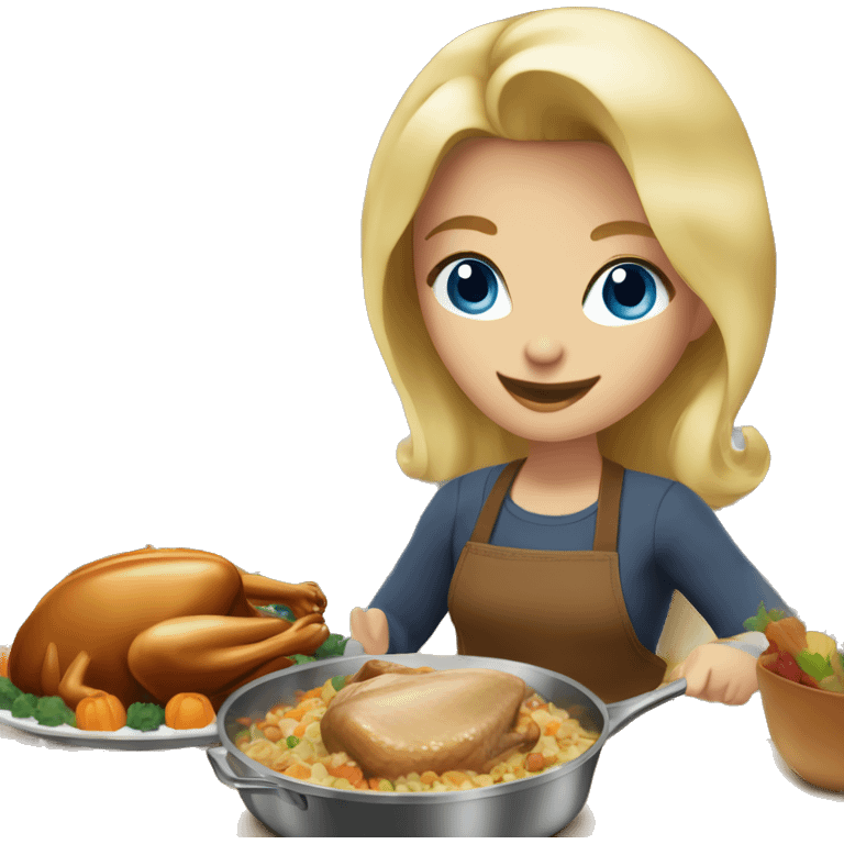 blonde hair blue eyed girl cooking thanksgiving dinner. you can see her whole body and the kitchen  emoji