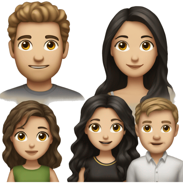 Man with white skin brown hair and hazel green eyes and Woman with brown eyes and black long hair white skin they have 2 kids family portrait emoji