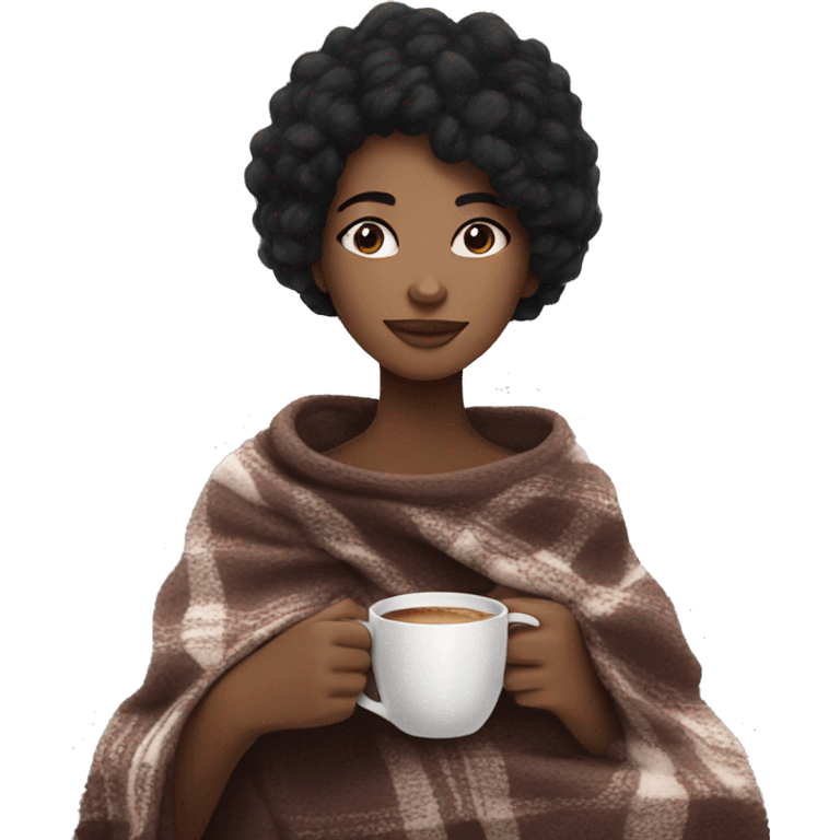 Black hair Girl drinking coffee, with a cozy blanket emoji