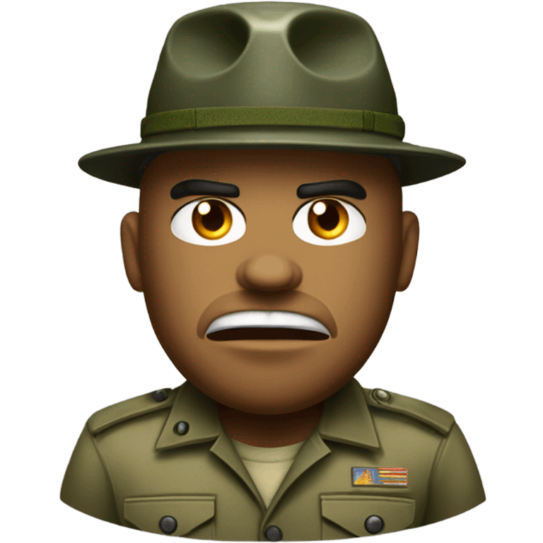 drill sergeant character wearing a classic sergeant hat and a camouflage army shirt. The character should have an angry intense expression. full torso emoji