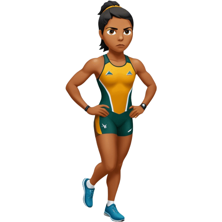 Cinematic Realistic portrait of Cathy Freeman, shown as an iconic Australian athlete with a focused, determined expression and modern athletic attire accented with subtle native motifs, rendered in dynamic, vibrant lighting emoji