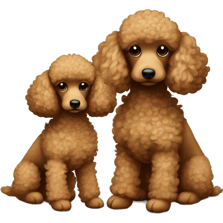 Two brown toy poodles. One is smaller than the other one. They cuddle together  emoji