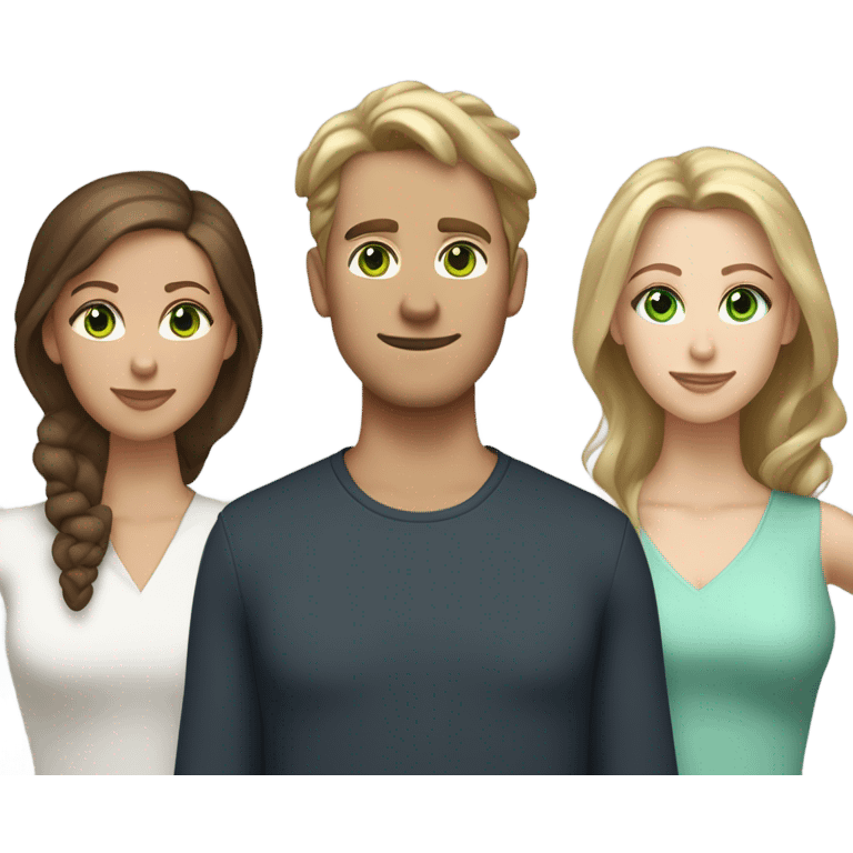 A white man with green eyes and medium brown wavy hair between two women, one white with blue eyes and dirty blond hair in a bun and the other woman white with long brown hair and brown emoji