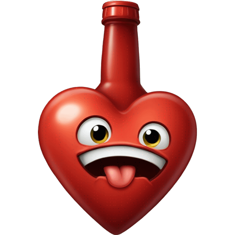 A red heart ❤️ with eyes, a mouth, and hands, tipsy and drunk, holding a bottle, looking wobbly and playful emoji