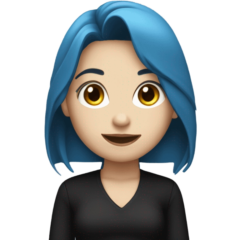 white skin girl with long blue hair in black clothes holding a phone emoji