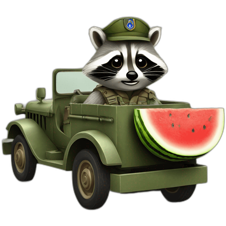 A military raccoon with a watermelon at the wheel of a car emoji