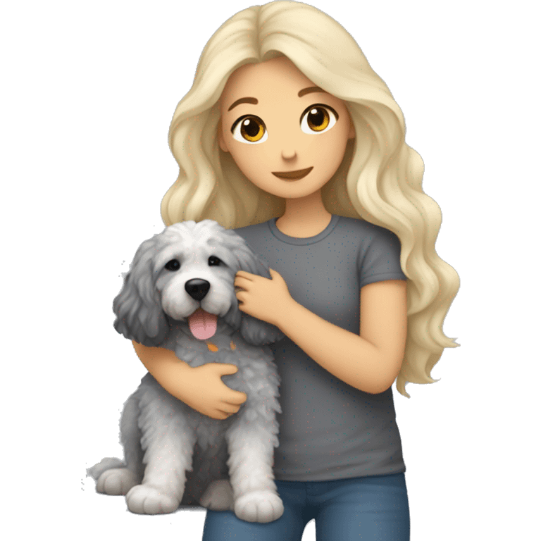 Girl blond long hair cuddling with mixed grey dog bernedoodle emoji