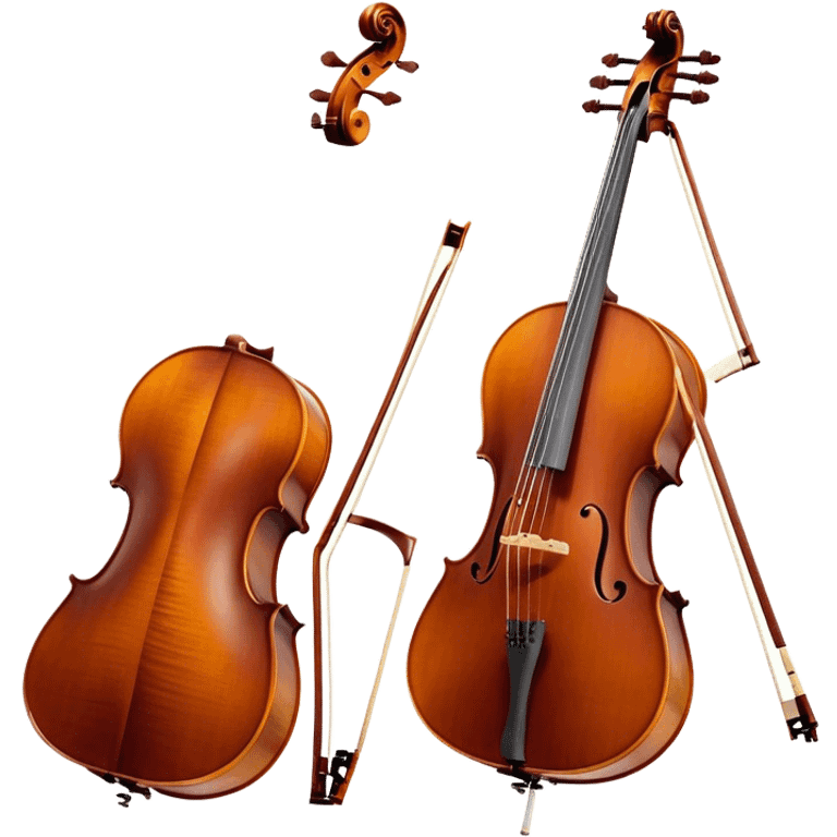 Create a refined and detailed emoji representing a Cremona 4/3F 4/4 cello with a bow. The design should feature the smooth, polished wooden body of the cello with a deep, rich tone color. The strings and tuning pegs should be visible, emphasizing the instrument's fine craftsmanship. Add a delicate bow placed gently across the strings, with intricate detailing on the hair and frog. Include subtle musical notes around the cello to evoke the graceful, classical sound. Use warm wood tones and accents like gold and silver for a professional, elegant look. The background should be transparent. emoji