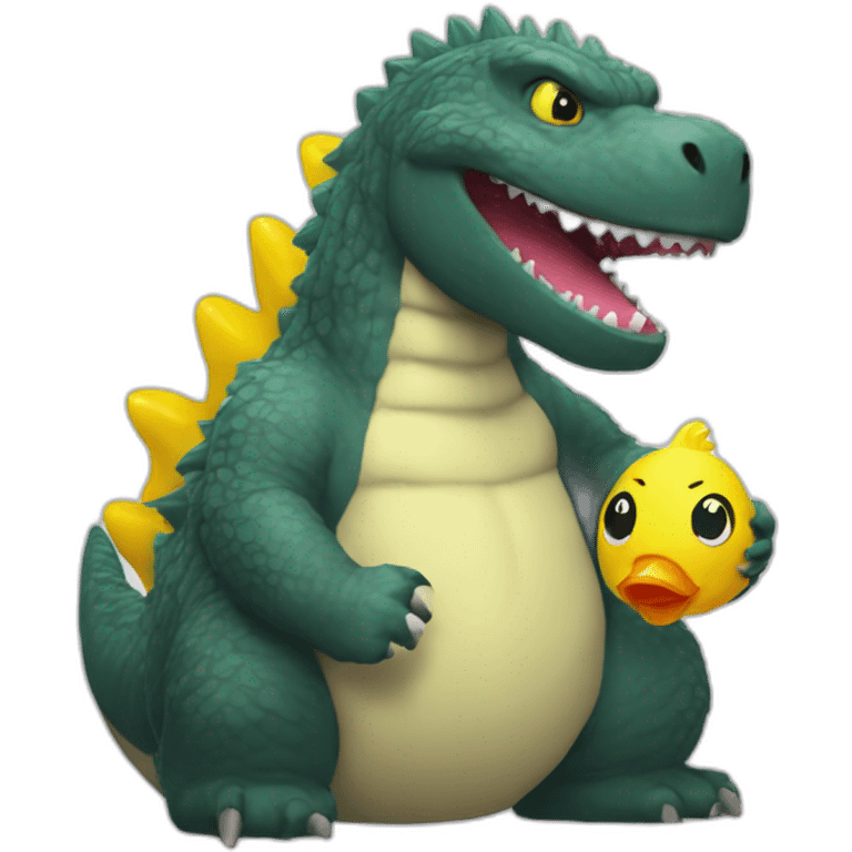 Godzilla playing with a rubber duck emoji