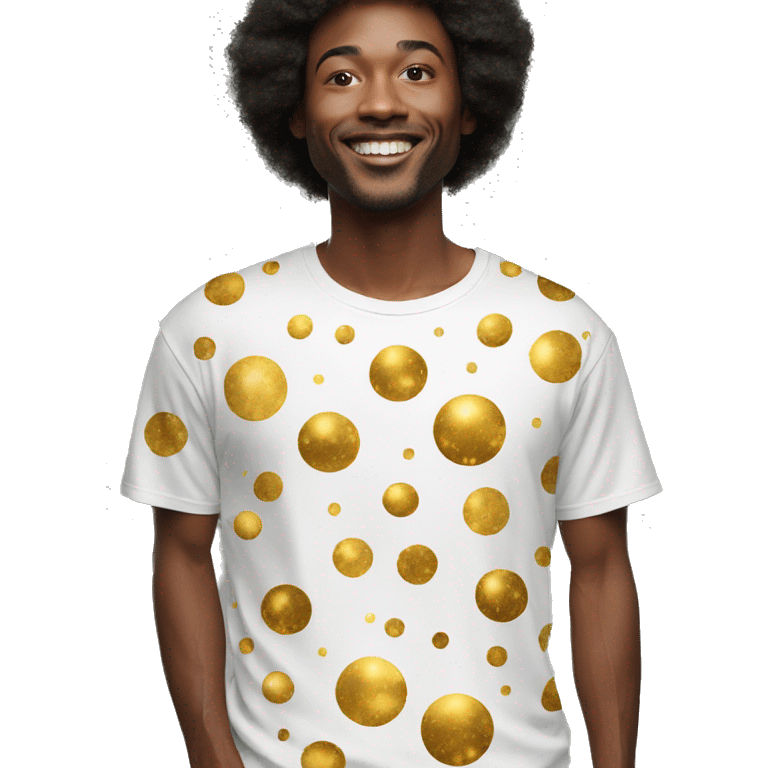 Person wearing t shirt filled with golden galaxies celestial emoji