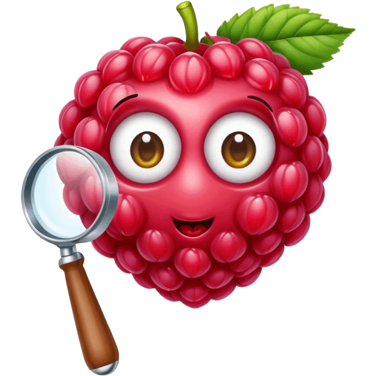 A raspberry holding a magnifiyng glass emoji