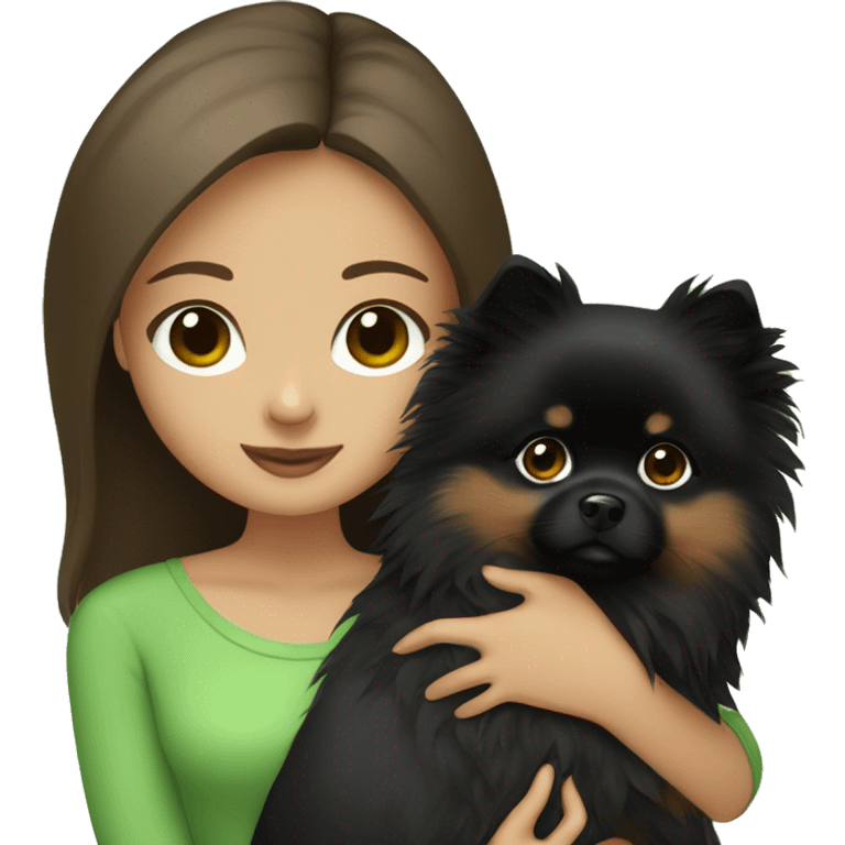 girl with brown hair green eyes holding a black Pomeranian spitz dog emoji