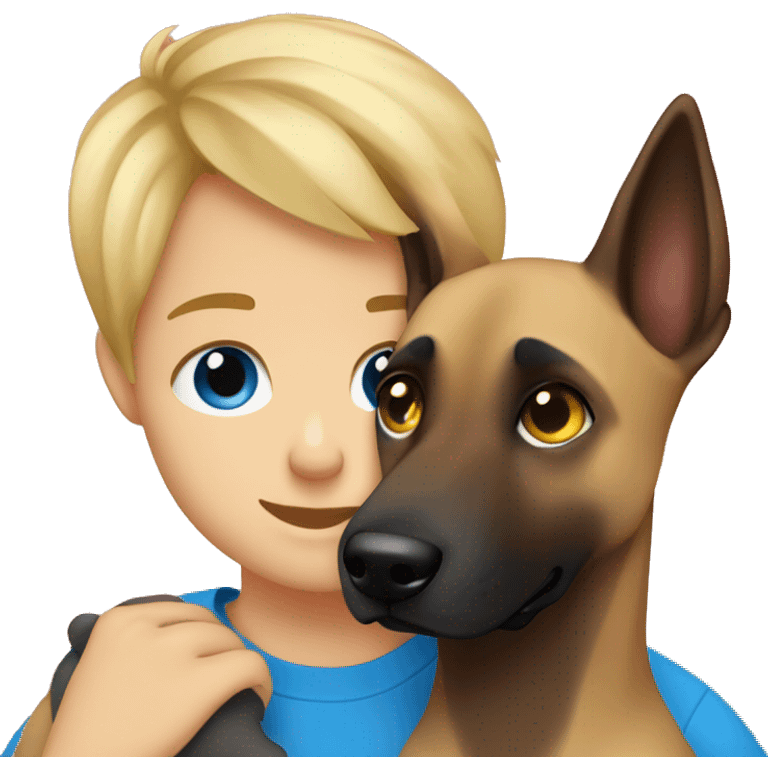 blond boy with blue eyes cute  cuddling a malinois emoji