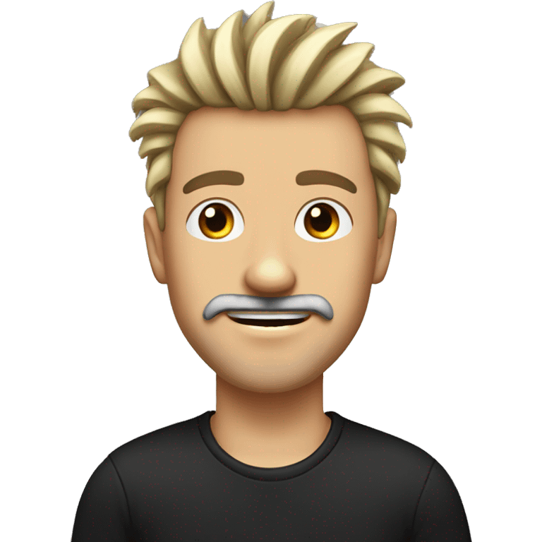 White man, with happy expression, with spiked hair, nose piercing, brown eyes, mustache and goatee, black t-shirt emoji