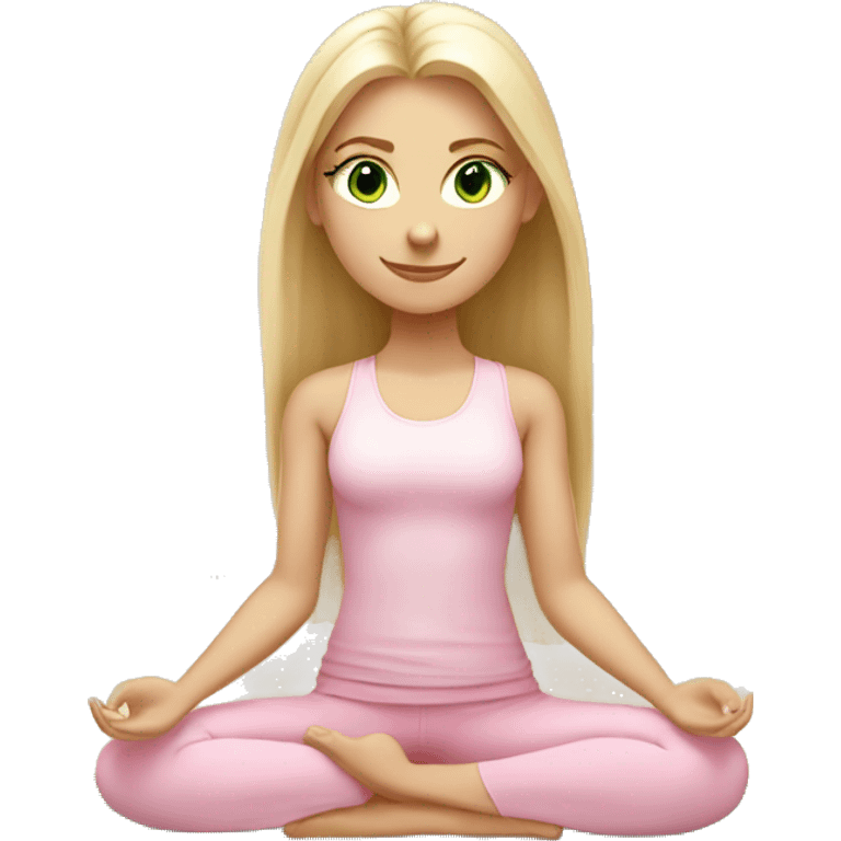 blonde long hair and green eyes yoga girl in light pink clothes sitting on a yoga mat emoji