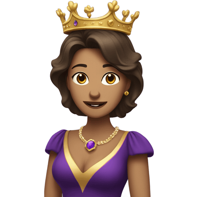 Caucasian long  brunette woman wearing formal royal purple robes and a crown who is pouring her heart out to the man she adores  emoji