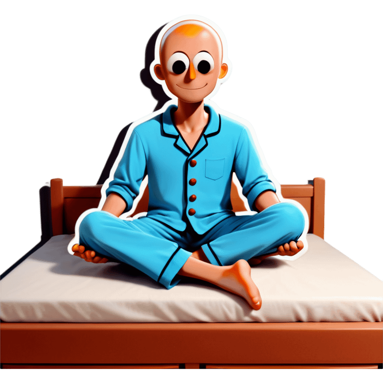 Bald stickman wearing notched buttoned light blue pajama barefoot, sitting on his bed in master bedroom  emoji