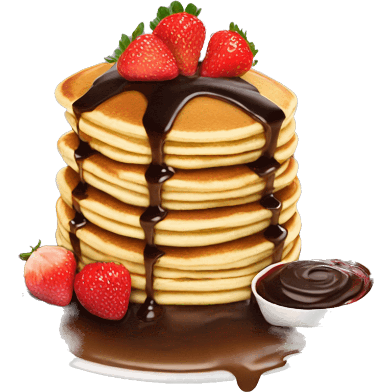 A stack of pancakes with strawberries and chocolate sauce on top emoji