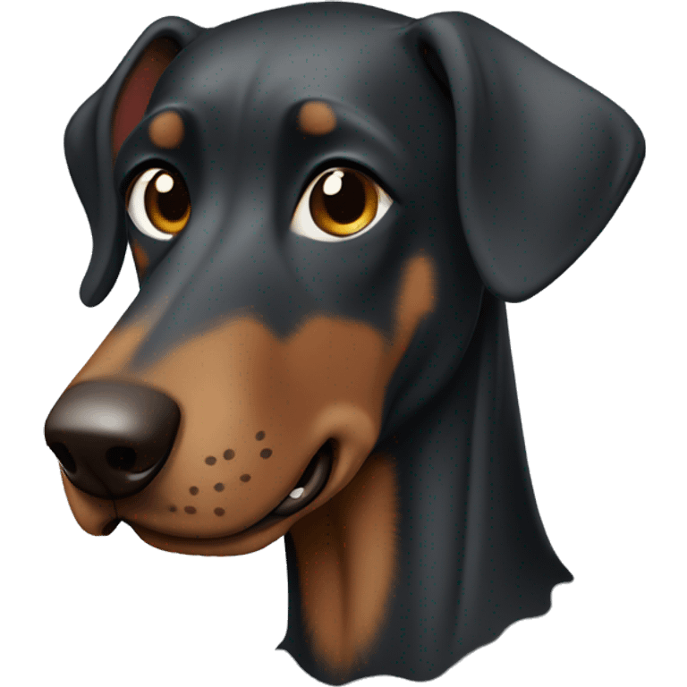 a black Doberman with brown spots smiles widely, it should be clear that he is wearing a gray sweatshirt and glasses with black frames emoji