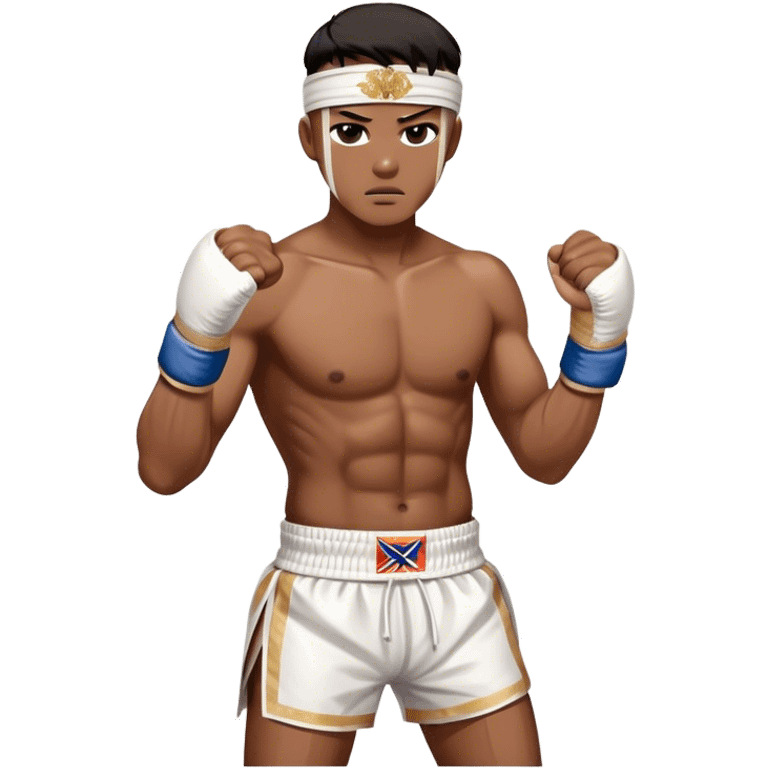 ​Cinematic Realistic Traditional Muay Thai Fighter such as Buakaw Banchamek, depicted in authentic attire featuring white bandaged gloves wrapped around his fists, a traditional headband tied neatly, and classic Muay Thai shorts, captured in a dynamic fighting stance under dramatic, high-energy lighting that highlights the raw power and elegance of the art, emoji