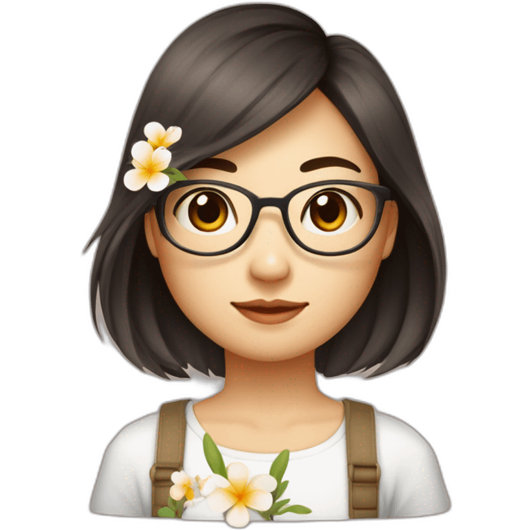 Fille asiatique avec cheveux bruns au carré et avec des lunettes rondes habillée avec un haut fleuri a bretelles  emoji