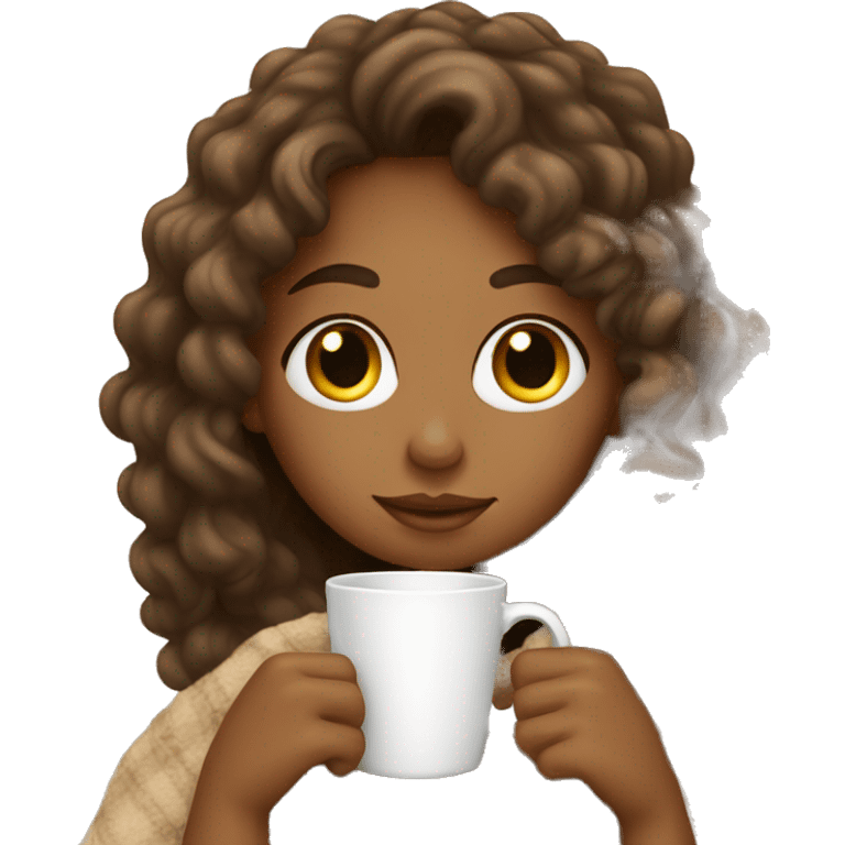 tan girl with long curly hair sipping coffee with blanket emoji