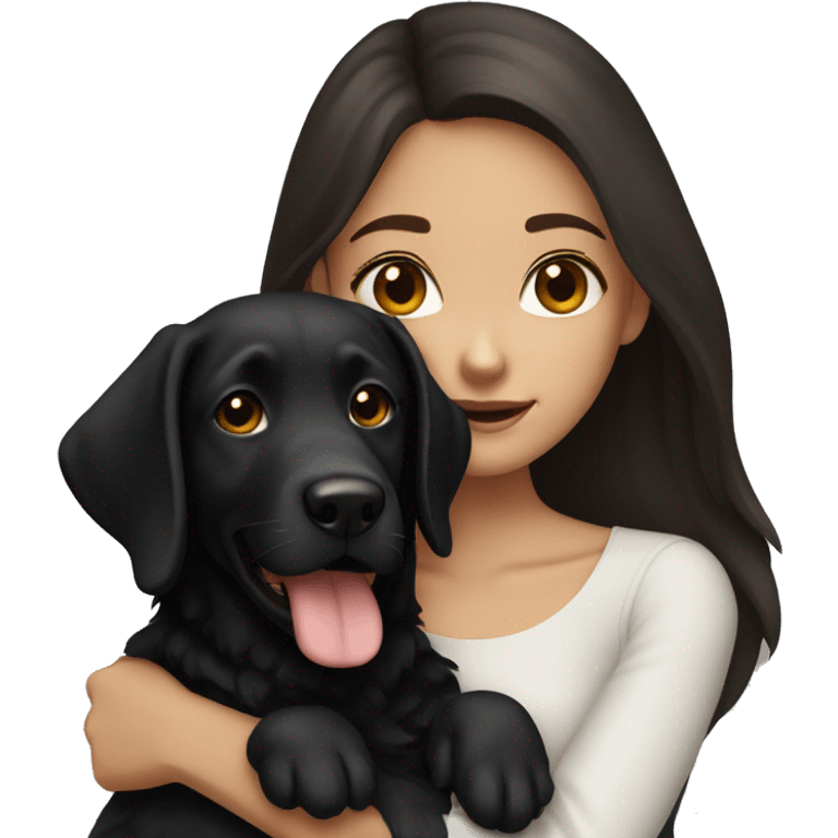 A beautiful girl with dark brown hair who hugs a black Labrador emoji