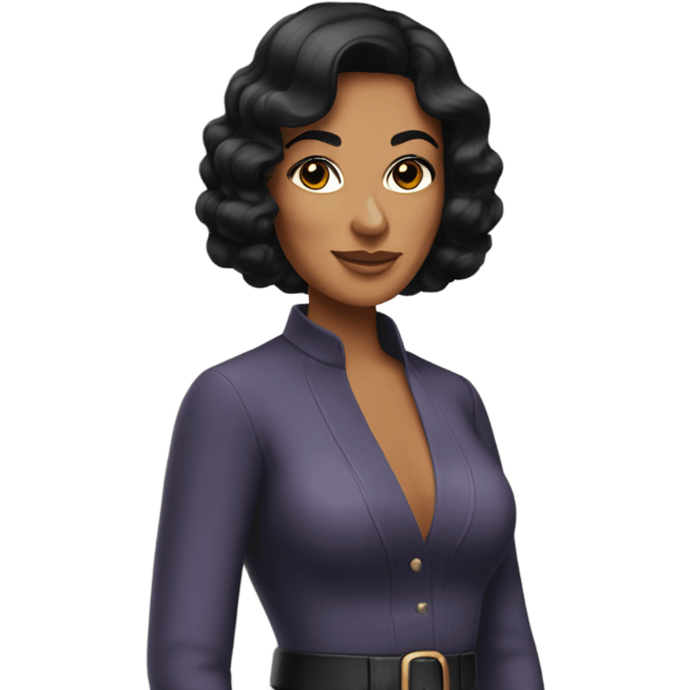 Tanned woman with black hair dressed in 1970s hair, makeup, and attire  emoji