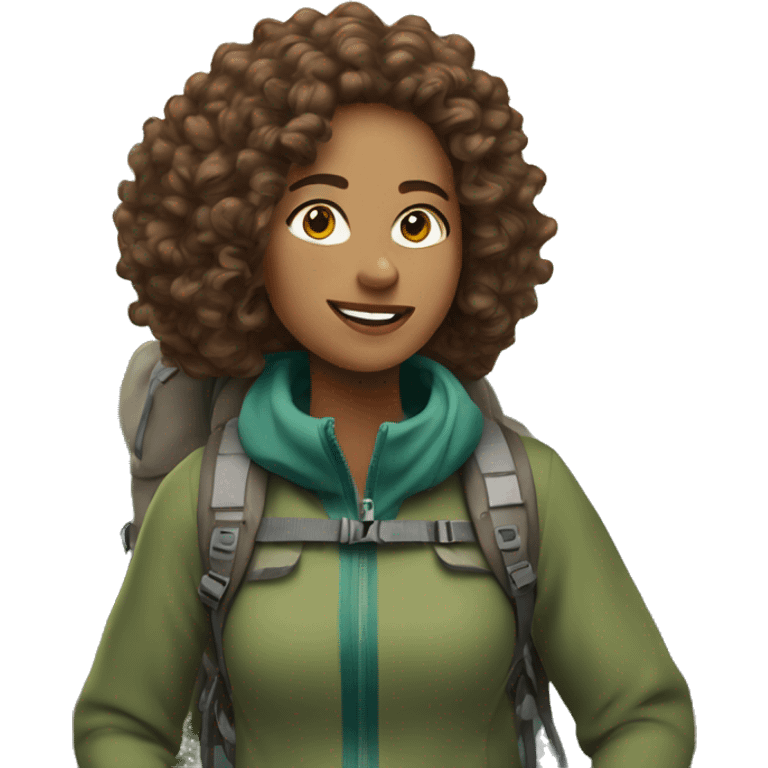 A light skinned women with brown curly hair wearing hiking gear walking up a mountain  emoji