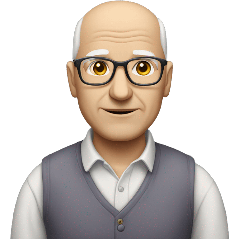 old bald white man with glasses, no moustache, slightly plum, wearing a plain grey shirt emoji