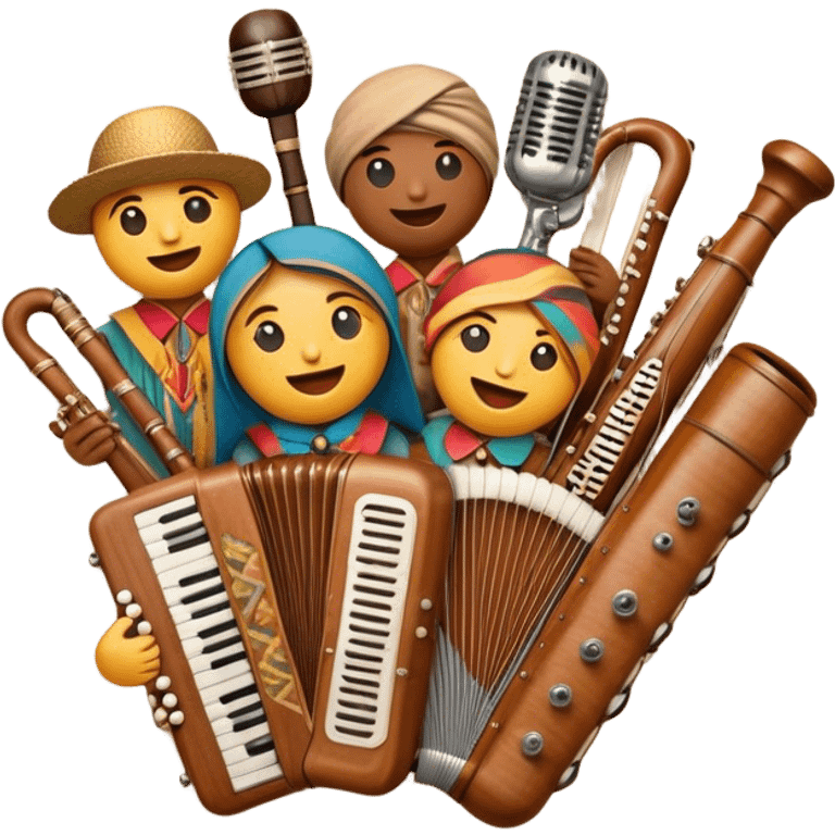 Create a colorful and cultural humanless emoji representing folk singing. The design should feature a collage of traditional folk instruments, such as a wooden flute (dudka), a button accordion (harmon), a set of gusli, and a tambourine (buben), all arranged in a harmonious, flowing design around a vintage microphone. The instruments should have earthy, natural tones like wood browns, brass accents, and vibrant colors reflecting their folk origins. Add subtle musical notes to tie the elements together, symbolizing the power of folk music. The background should be transparent. emoji