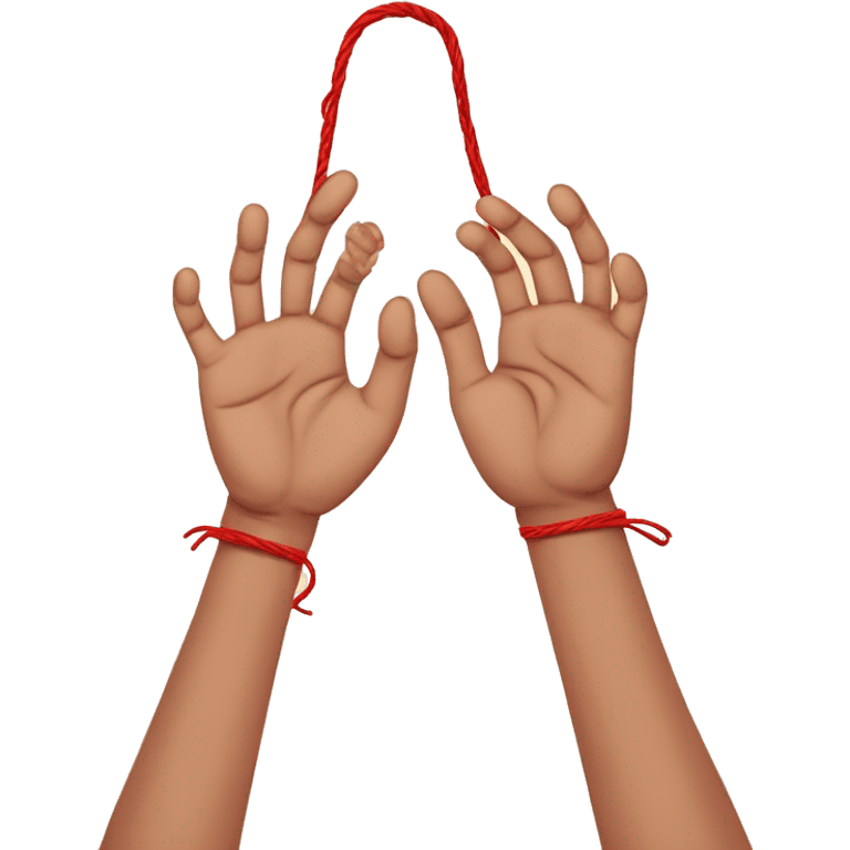 two different hands bond with their little fingers by a worn red thread. the 2 hands are one next to the other.  emoji