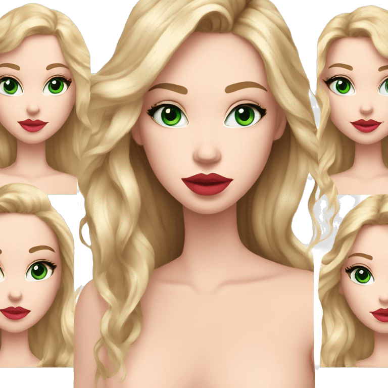 1 blond girl with straight hair, red lips and cat eyeliner, blonde girl with wavy hair, eye liner, blue eyes and full pink lips, brunette with shorzer wavy hair, green eyes and nude lips emoji