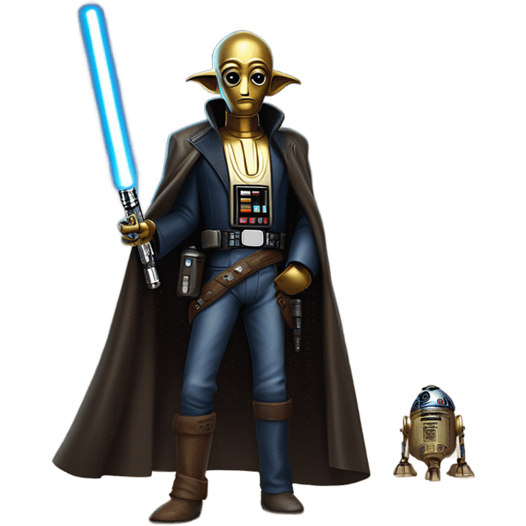 jedi first order human-sized darkblue-pearl friendly bounty hunter c3po droid wearing a leather wild west duster coat holding light saber ready to fight but relaxed. antiqued emoji