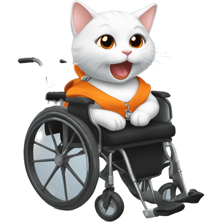 a white smiling kitty with her tongue out dressed in black and orange and in a wheelchair with handcuffs  emoji