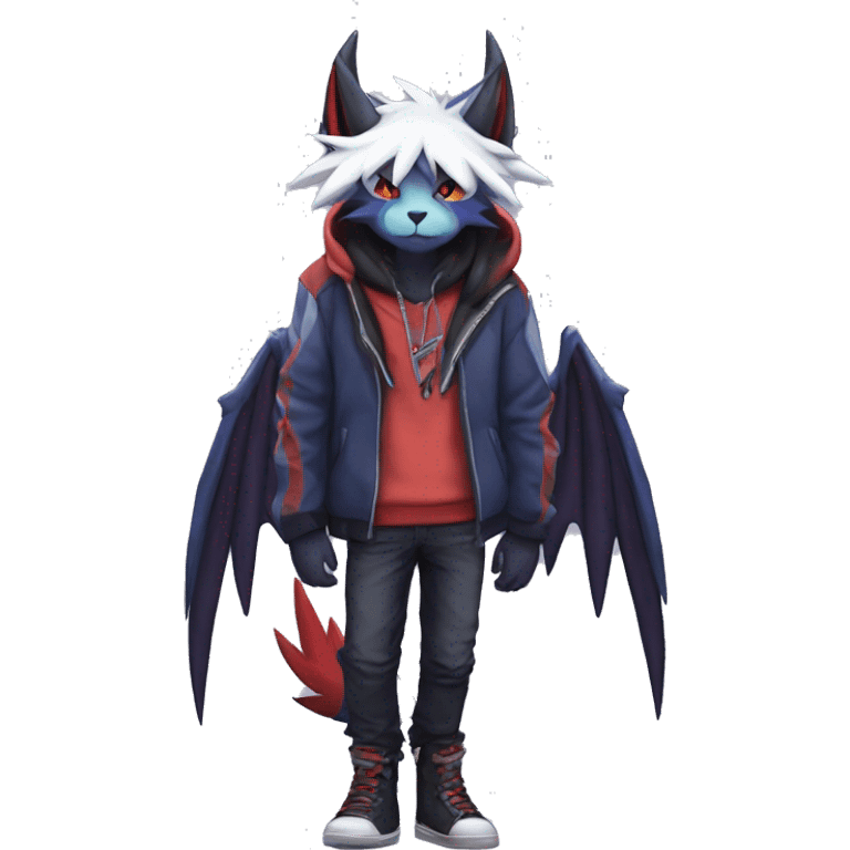 Cool Anthro Dark Absol-Noivern-Quilava-Litten-Pokémon with edgy stripes hoodie spiked collar punk Full Body emoji