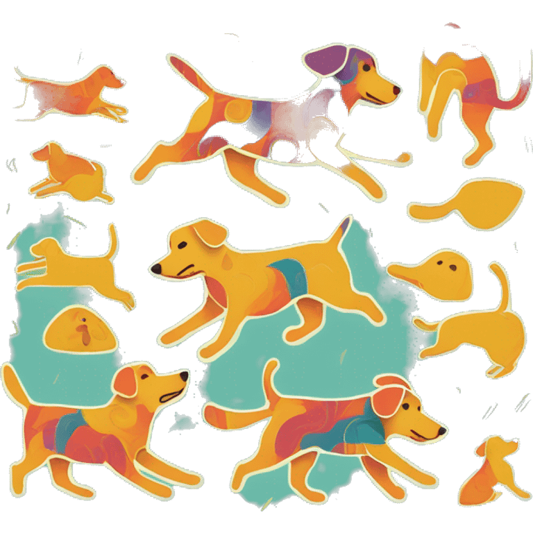 Abstract quirky funky made of different shapes dog running and squiggles linocut multicoloured illustrations  emoji