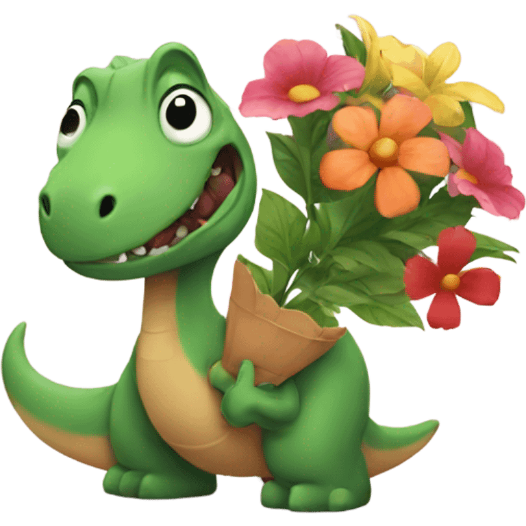 Dinosaur holding flowers emoji