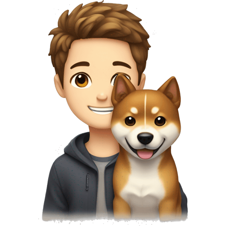  boy with brown hair with brown eyes and wide brows 12 years smiling and hugging dog shiba inu  emoji