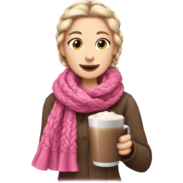 White Scandinavian girl with a French braid and a pink scarf holdin a hot chocolate  emoji