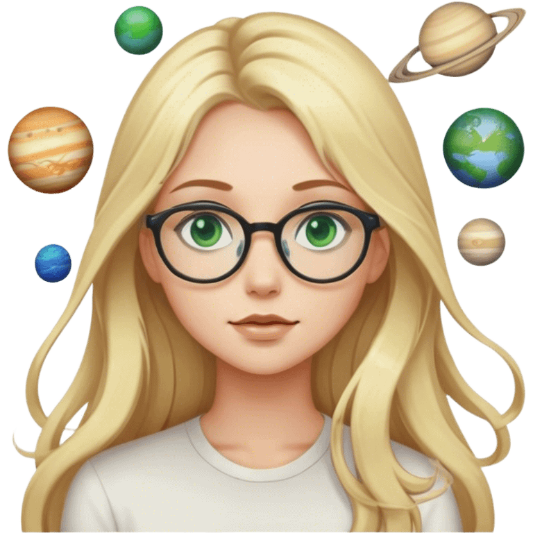 A blonde girl with long hair green eyes and glasses with many planets around her emoji