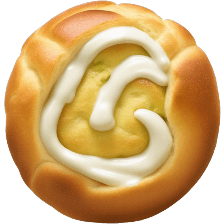 Petite boule de brioche ronde coupée en deux au milieux verticalement avec crème fouettée blanche au centre recouvert d’éclat de pistache  emoji