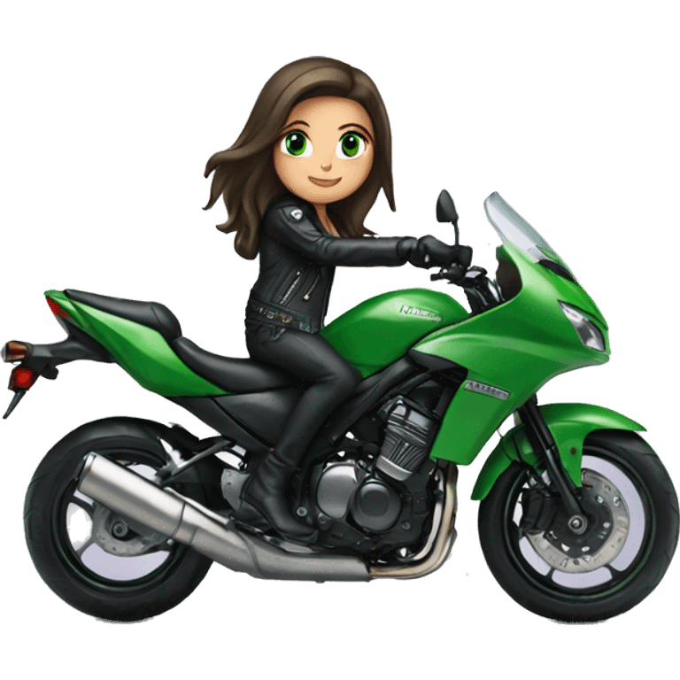 Brunette Girl with Green eyes, Long hair, wearing a black leather jacket is riding a Kawasaki motorbike emoji