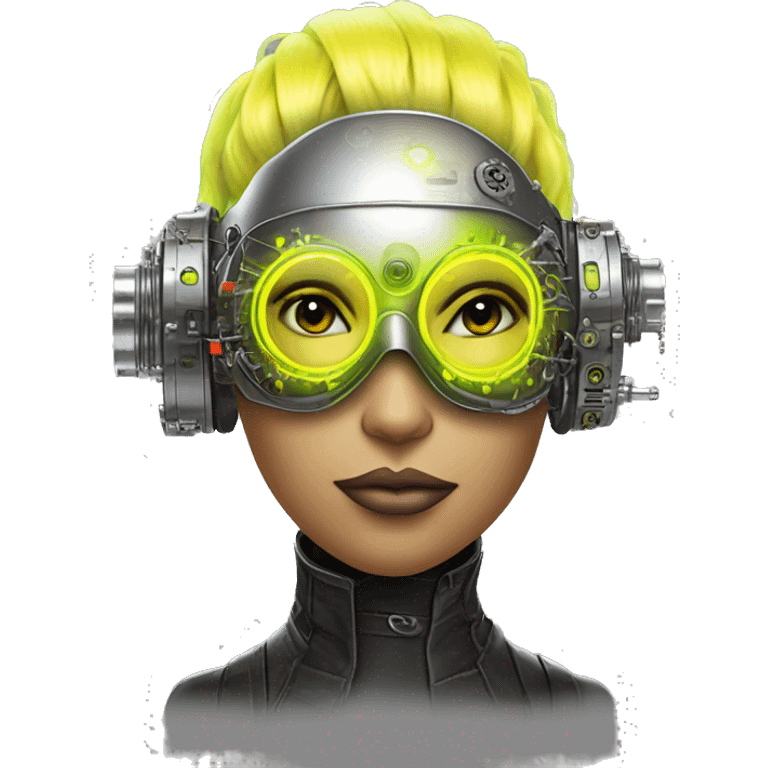 Neon yellow bobbed hair Latina female cyborg head with silver steampunk goggles and circuits emoji