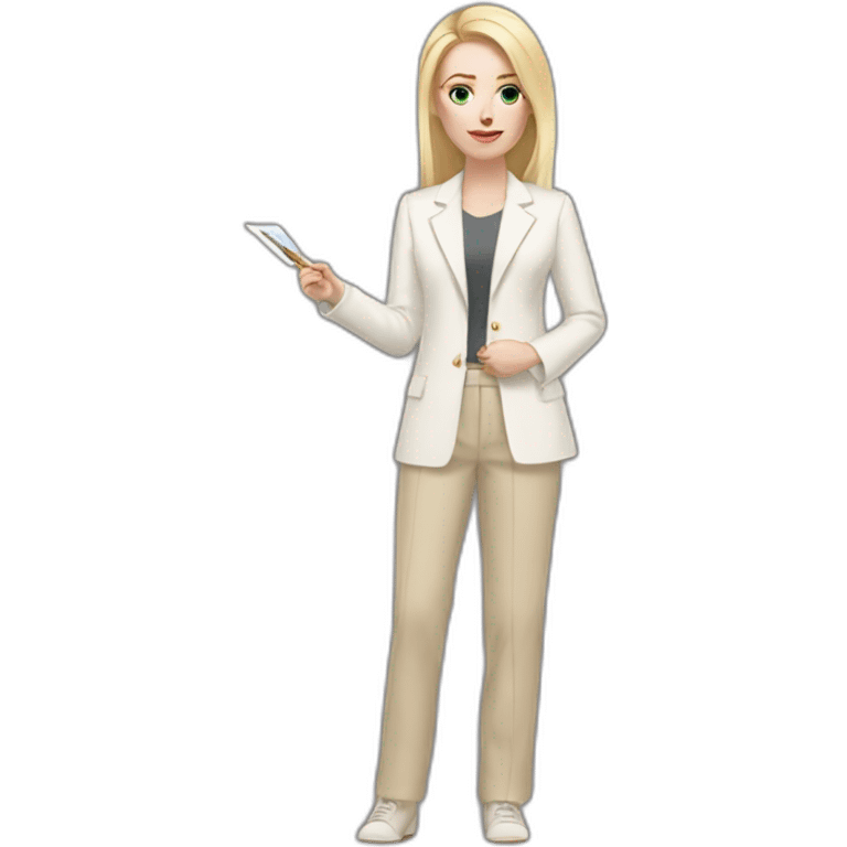 Full height pale skin woman with blonde Straightened Hair to shoulders, White classical jacket, beige Arrow pants holding a color palette in the hands emoji