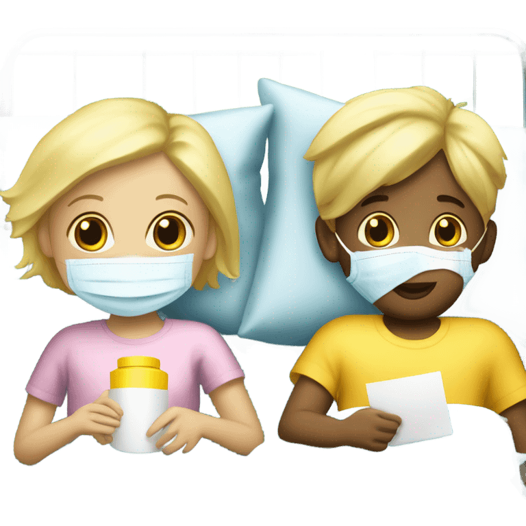 Two blonde children, sick, each in their own bed, wearing surgical masks, one Boy, one girl, at home, get well soon sign with yellow heart emoji