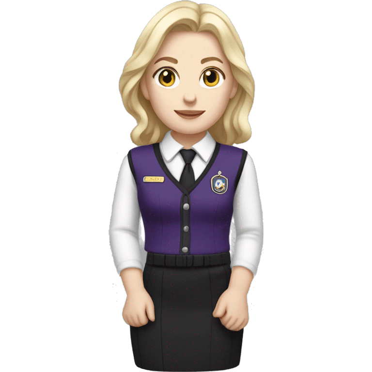 Emma Myers with blonde hair pale skin wearing purple with black stripes uniform vest and skirt emoji