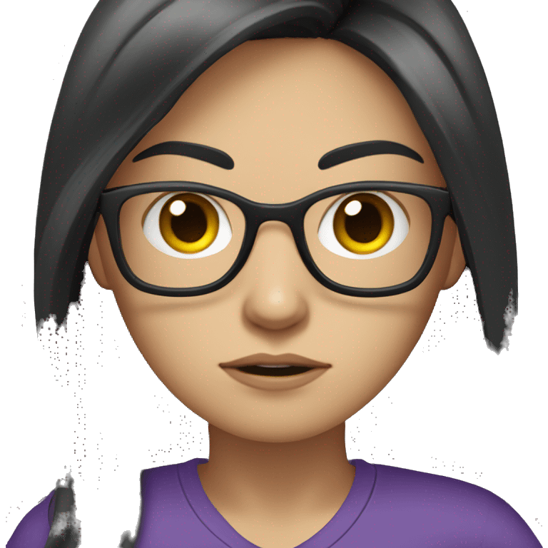 white girl, angry scowling, purple t-shirt, long black hair, wearing glasses, with arms crossed over chest. emoji